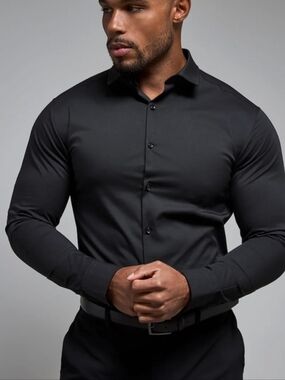 Tailored Athlete Dress Shirt Mens Large Black Muscle Fit Long Sleeve Stretch